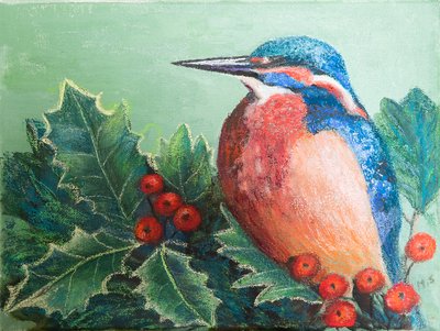 Kingfisher sobre bagas, 2022 (pastel) de Margo Starkey