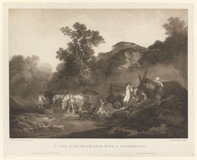 Trabalhadores descansando na mina de carvão Cumberland A View of the Black-Lead Mine, em Cumberland (título no objeto) de Maria Catharina Prestel