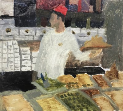 Vendedor de doces turcos, 2019 (óleo sobre papel) de Maria Magenta