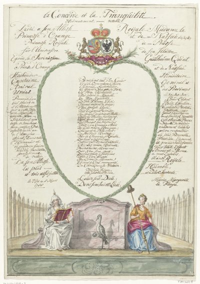 Verso para a princesa Wilhelmina no quadragésimo aniversário do príncipe William V, 1788 la Concorde et la Tranquilité (título no objeto) de Maria Margaretha la Fargue