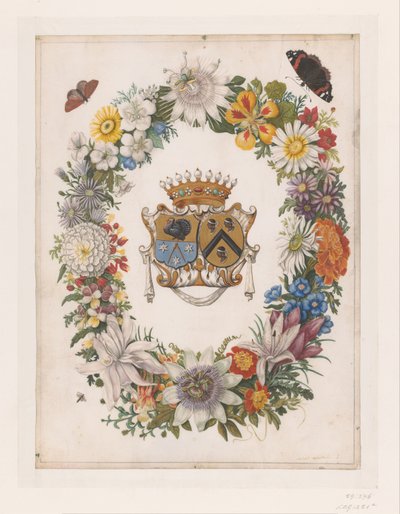 Brasão da Aliança de Cornelis Calkoen e Maria van der Merct Brasão de armas da aliança de Cornelis Calkoen e Maria van der Merct em uma coroa de flores de Maria Moninckx