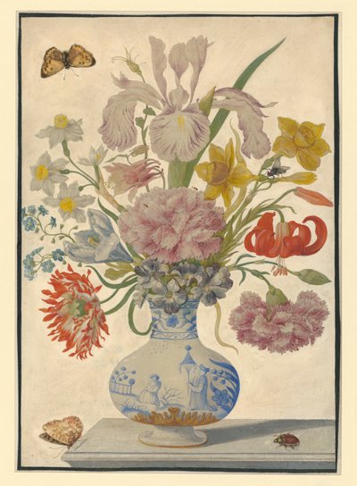 Vaso chinês com íris, lírios e cravos. Sobre a mesa, uma borboleta à esquerda e um escaravelho-de-maio à direita de Maria Sibylla Merian