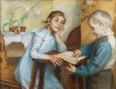 Um interior com um menino lendo para uma menina, 1912 de Maria Wiik