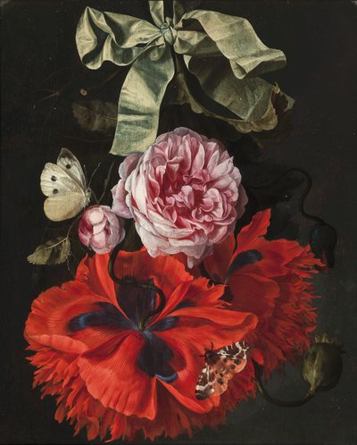Rosas e cravos pendurados em uma fita verde com uma mariposa e uma borboleta (óleo no painel) de Maria van (studio of) Oosterwyck