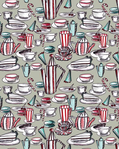 Candy Stripe Tea Party, 2020 (aguarela, caneta, sobre papel) de Marianna Kulukundis