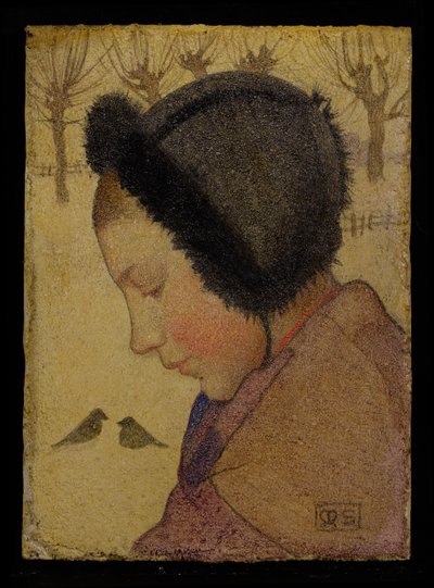 Cabeça de uma jovem em um chapéu de pele (óleo e gesso a bordo) de Marianne Stokes