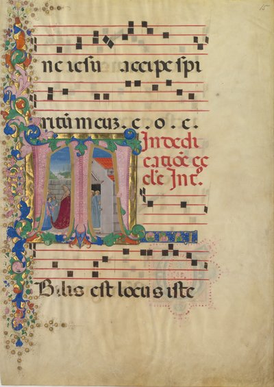 Folha de Manuscrito com a Dedicação de uma Igreja em um T Inicial, a partir de um Gradual, 2ª metade de 15 centavos. de Mariano del Buono