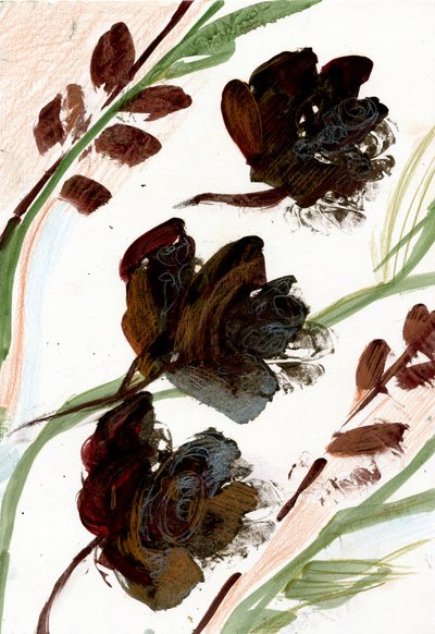 Flores secas, 2020 (óleo e técnica mista sobre papel A4) de Marina Falco