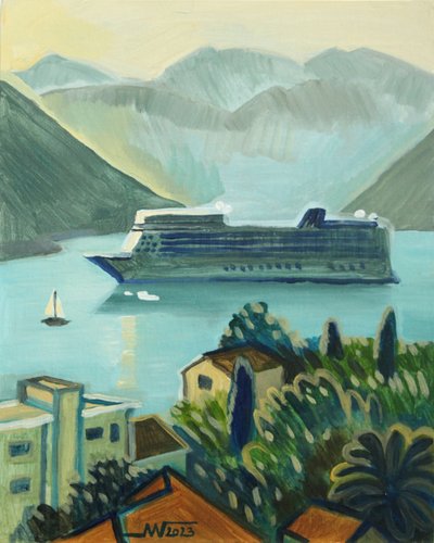 Vista de um navio de cruzeiro na costa de Marina Gorkaeva
