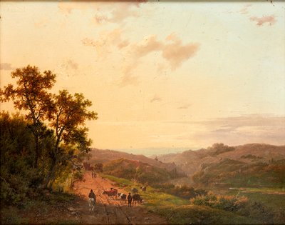 Pastores e seu gado em uma estrada rural, com paisagem distante (óleo no painel) de Marinus Adrianus Koekkoek