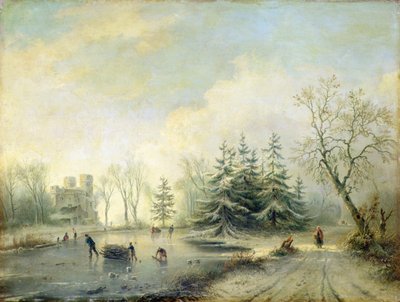 Árvores, castelo e figuras de patinagem (óleo sobre painel) de Marinus Adrianus Koekkoek