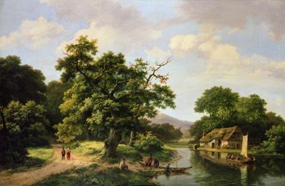 Paisagem de rio arborizada com camponeses descarregando uma balsa de Marinus Adrianus Koekkoek