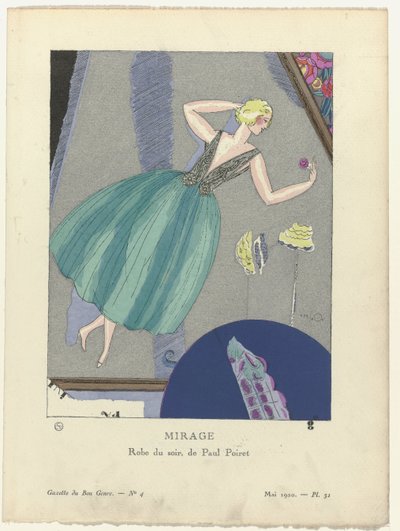 Gazette du Bon Ton, 1920 - No. 4, Pl. 31: Mirage. / Vestido de noite, por Paul Poiret. (título no objeto) de Mario Simon