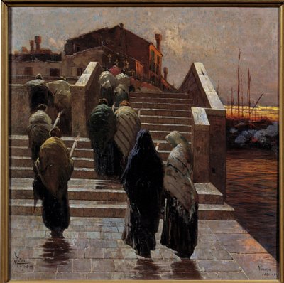 Noite vermelha, bom tempo esperança Procissão das mulheres (luto?) Atravessando um rio - Pintura de Mario De Maria (Marius Pictor) (1853-1924) 1882 Sol 0,7x0,69 m Paris, Musee d