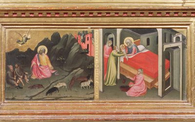 Madonna e criança com Santos, detalhe da predella representando a Anunciação a Joaquim e a Natividade da têmpera virgem no detalhe do painel de 80340 de Mariotto di Nardo