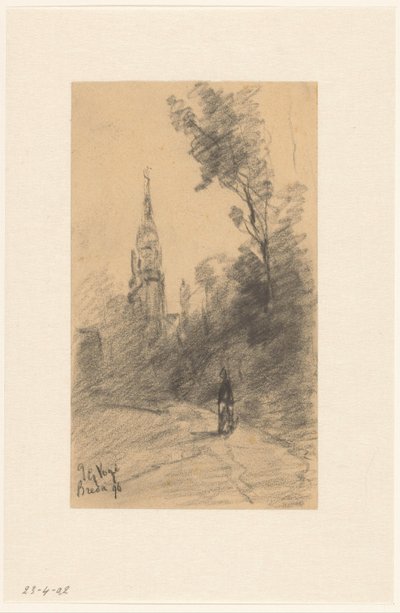 Cavaleiro e paisagem com árvores e figuras de Marius Bauer