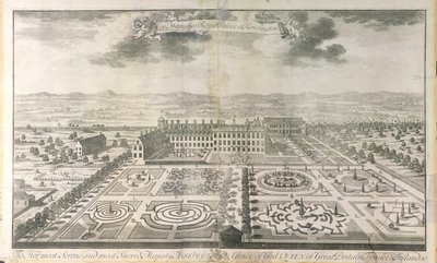 Opinião de olho de pássaro dos jardins do palácio de Kensington, gravados pelo bar de Johannes Kip (c.1652-1722). por J. Smith, 1724 de Mark Anthony Hauduroy