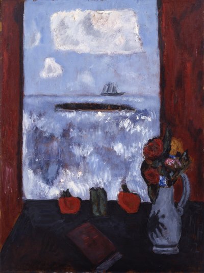 Verão, mar, janela, cortina vermelha, 1942 (óleo no masonite) de Marsden Hartley