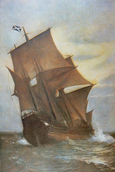 O Mayflower transportando os Padres Peregrinos através do Atlântico para a América em 1620 (óleo sobre tela) de Marshall Johnson