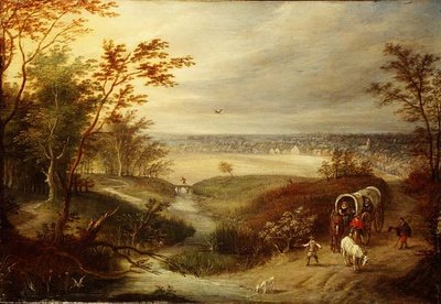 Uma extensa paisagem arborizada com um vagão em um vau de Marten (attr. to) Ryckaert