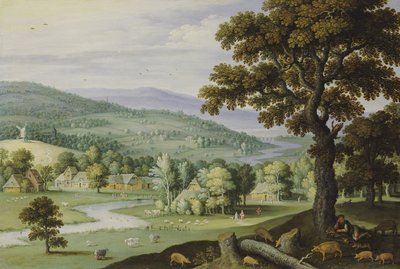 Um vale do rio com um porco descansando debaixo de uma árvore em primeiro plano, uma aldeia além de Marten Ryckaert