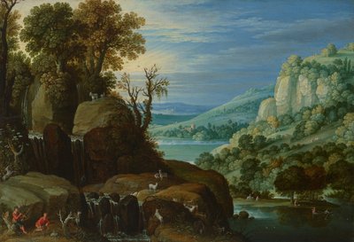 Uma extensa paisagem fluvial com pastores a tocar gaita de foles junto a uma cascata, com vista distante para um lago e uma cidade de Marten Ryckaert