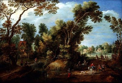 Paisagem arborizada do rio com figuras de Marten Ryckaert