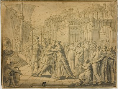Dido e Enéias abraçados diante dos portões de Cartago de Marten de Vos