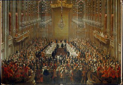 Banquete por ocasião do casamento do Imperador José II e Isabel de Parma, em 10/06/1760. Com Mozart de pé na orquestra de Martin (and studio) Mytens or Meytens