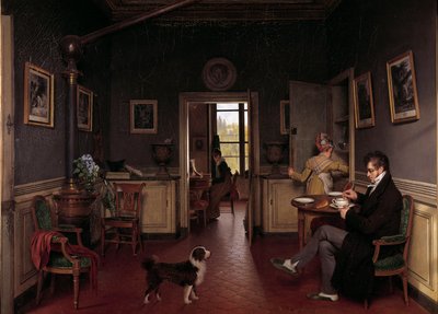 Uma vista interior de uma sala de jantar em 1815 Um homem de chinelo toma seu café da manhã diante dos olhos do cachorro. Pintura de Martin Drolling (1752-1817) de Martin Drölling