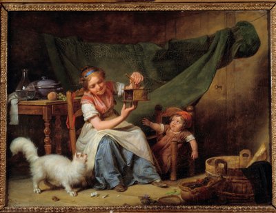 A Mulher e o Rato Uma menina segura um apanhador de ratos na frente do gato e de um bebê. Pintura de Martin Drolling (1752-1817) 1798 Sun. 0,25x0,35 m Orleans. Museu de Belas Artes de Martin Drölling