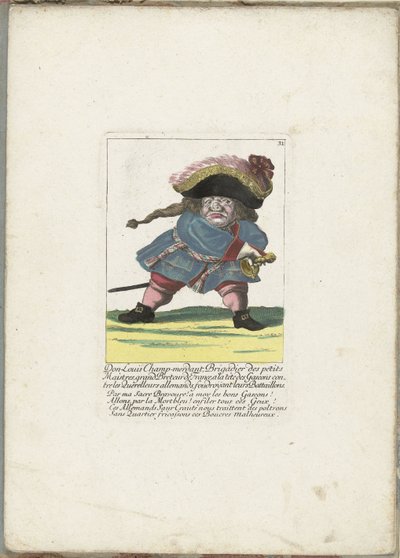 De Franse dwerg Don Luis Champ-merdant, ca. 1710
Don Luis Champ-merdant, Brigadeiro des petits Maistres, grande Breteur de France, liderando os Gascons contra os Querelleurs alemães, atacando os seus Battaillons (título sobre o objecto)
Il Callotto resur de Martin Engelbrecht (attributed to)