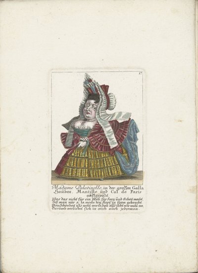 De Franse dwerg Madame Palatinelle, ca. 1710
Madame Palatinelle, na grande Galla Hauben, Mantille e Cul de Paris auffgepützt (título sobre o objecto)
Il Callotto resurcitato oder Neu eingerichtes Zwerchen Cabinet (título da série) de Martin Engelbrecht (attributed to)