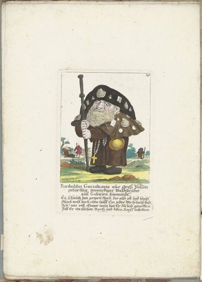De dwerg Bartholdus Gursalkawiz como peregrino uit Compostela, cerca de 1710 Bartholdus Gursalkawiz, nascido em Groß Pohlen, indigno irmão da floresta da Galícia (título no objeto) Il Callotto resurcitato ou Armário Pequeno Recém Mobilado (série de Martin Engelbrecht (attributed to)