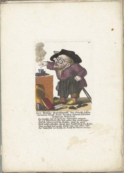 De dwerg Blasius Rauchmantl als alquimista, ca. 1710
Sr. Blasius Rauchmantl, do Arqui-Sectador da arte sem fruto da alquimia, Quintae Essentiae Stultorum Possessor (título sobre o objecto)
Il Callotto resurcitato oder Neu eingerichtes Zwerchen Cabinet (s de Martin Engelbrecht (attributed to)