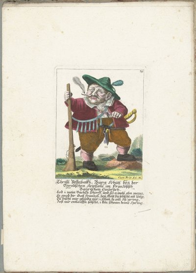 De dwerg Christl Vestnbalkh, cerca de 1710 Christl Vestnbalkh, Bürg Schütz perto da armadilha de pedra tirolesa no roubo Bayrian francês (título no objeto) Il Callotto resurcitato ou Armário Pequeno Recém Mobilado (título da série) de Martin Engelbrecht (attributed to)