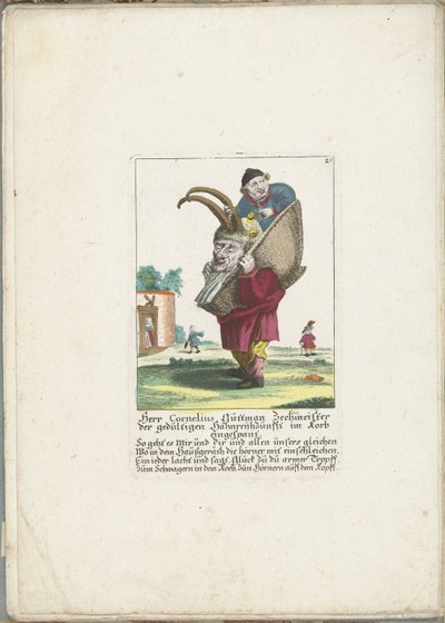 De dwerg Cornelius Guttman como hoorndrager, cerca de 1710 Sr. Cornelius Guttman, o bêbado da guilda de pacientes cornos, amarrado em uma cesta (título no objeto) Il Callotto resurcitato ou Armário Pequeno Recém Mobilado (título da série) de Martin Engelbrecht (attributed to)
