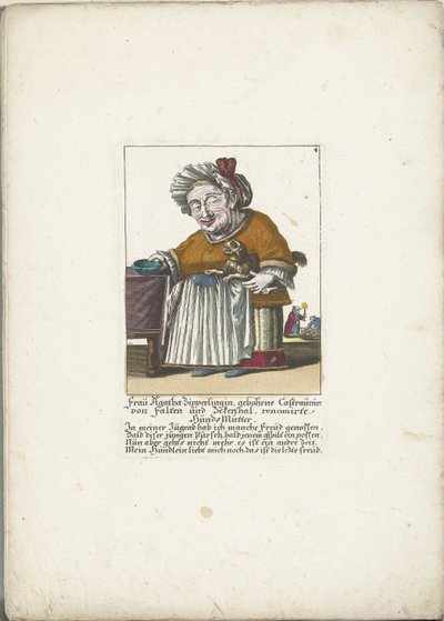 De dwerg Frau Agatha Zipperlingin met hondje, cerca de 1710 Sra. Agatha Zipperlingin, nascida Castaunin von Falten und Zeckerthal, renomada mãe de cachorro (título no objeto) Il Callotto resurcitato ou Armário Pequeno Recém Mobilado (título da série) de Martin Engelbrecht (attributed to)