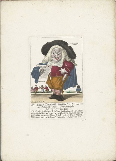 De dwerg Lucas Hirnzwik als een advocaat, ca. 1710
Dr. Lucas Hirnzwik, famoso defensor no Swabian Schnekenfeld, sobre cantarelos (título sobre o objecto)
Il Callotto resurcitato oder Neu eingerichtes Zwerchen Cabinet (título da série) de Martin Engelbrecht (attributed to)