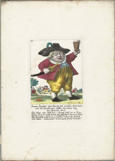 O anão Simon Flenschl, ca. 1710
Simon Flenschl, Oberknecht deß reichen freij bauren zu Knolsingen auffm Kirchtag beij der Gmain Zech (título sobre o objecto)
Il Callotto resurcitato oder Neu eingerichtes Zwerchen Cabinet (título da série) de Martin Engelbrecht (attributed to)