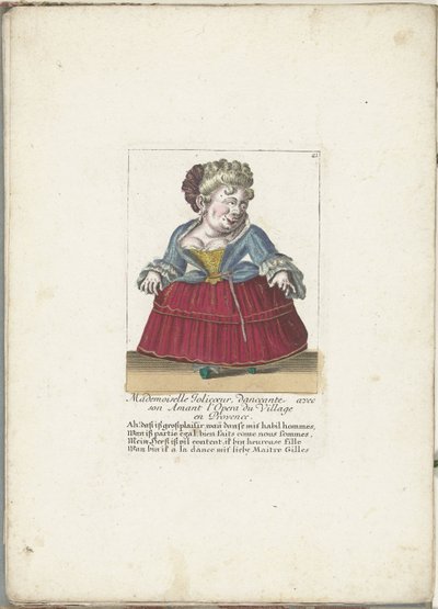 Dwerg als de Franse Mademoiselle Jolicoeur, ca. 1710 Mademoiselle Jolicoeur, dançarina com seu amante na Opera du Village em Provence (título no objeto) Il Callotto resurcitato oder Neu eingerichtes Zwerchen Cabinet (título da série) de Martin Engelbrecht (attributed to)
