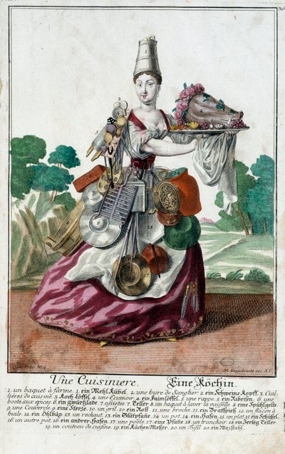 Um cozinheiro. Gravura de Martin Engelbrecht (1684-1756), em "New assembly of the manouvries habilles", século XVIII, Alemanha. Paris, Artes Decorativas de Martin Engelbrecht