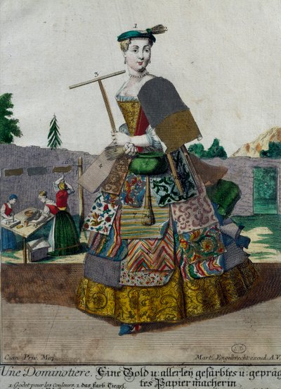 Fabricante de papéis coloridos, gravura de Assemblage des nouveau manouvries habilles Martin Engelbrecht (1684-1756), Alemanha de Martin Engelbrecht