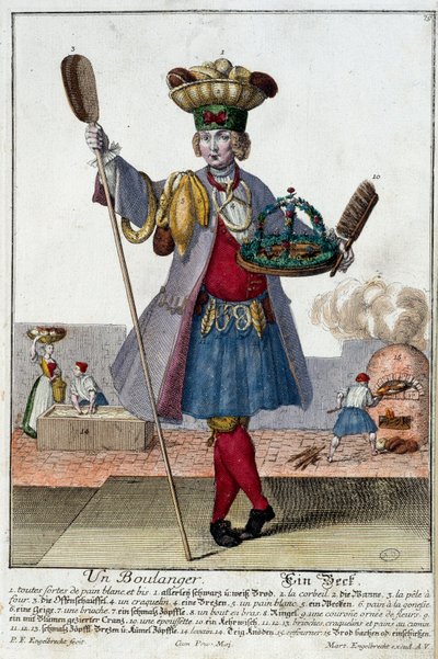 Metier: Um padeiro. Gravura de Martin Engelbrecht (1684-1756), em "New assembly of the manouvries habilles", século XVIII, Alemanha. Paris, Artes Decorativas de Martin Engelbrecht
