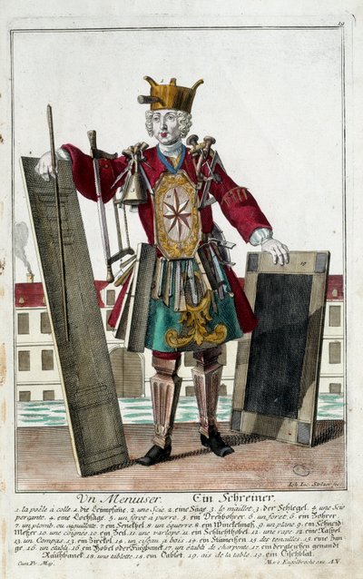 Metier: Um carpinteiro. Gravura de Martin Engelbrecht (1684-1756), em "New assembly of the manouvries habilles", século XVIII, Alemanha. Paris, Artes Decorativas de Martin Engelbrecht