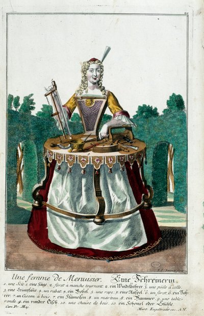 Metier: A mulher de um carpinteiro. Gravura de Martin Engelbrecht (1684-1756), em "New assembly of the manouvries habilles", século XVIII, Alemanha. Paris, Artes Decorativas de Martin Engelbrecht
