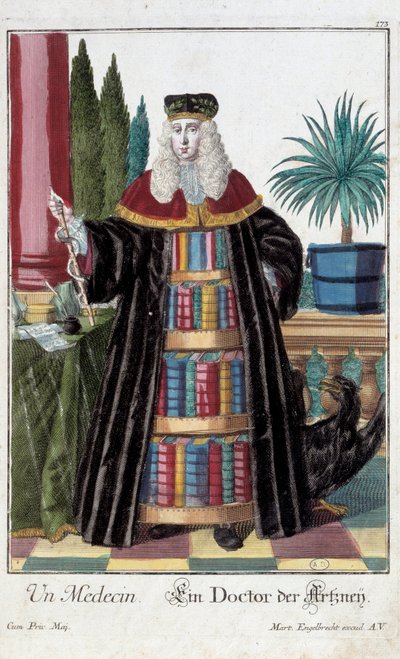Metier: Um médico. Gravura de Martin Engelbrecht (1684-1756), em "New assembly of the manouvries habilles", século XVIII, Alemanha. Paris, Artes Decorativas de Martin Engelbrecht