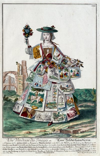 Metier: Uma vendedora de imagens. Gravura de Martin Engelbrecht (1684-1756), em "New assembly of the manouvries habilles", século XVIII, Alemanha. Paris, Artes Decorativas de Martin Engelbrecht
