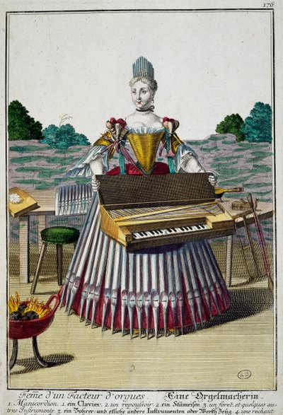 Mulher do organista, gravura de Assemblage des nouveau manouvries habilles de Martin Engelbrecht (1684-1756), Alemanha de Martin Engelbrecht