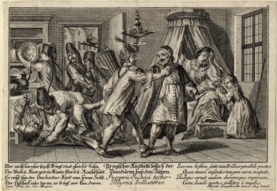 Os Pandurs visitando os judeus - Englebrecht, Martin (1684-1756) - ca 1756 - Gravura em cobre - 21,3x30,9 - Coleção Particular de Martin Engelbrecht